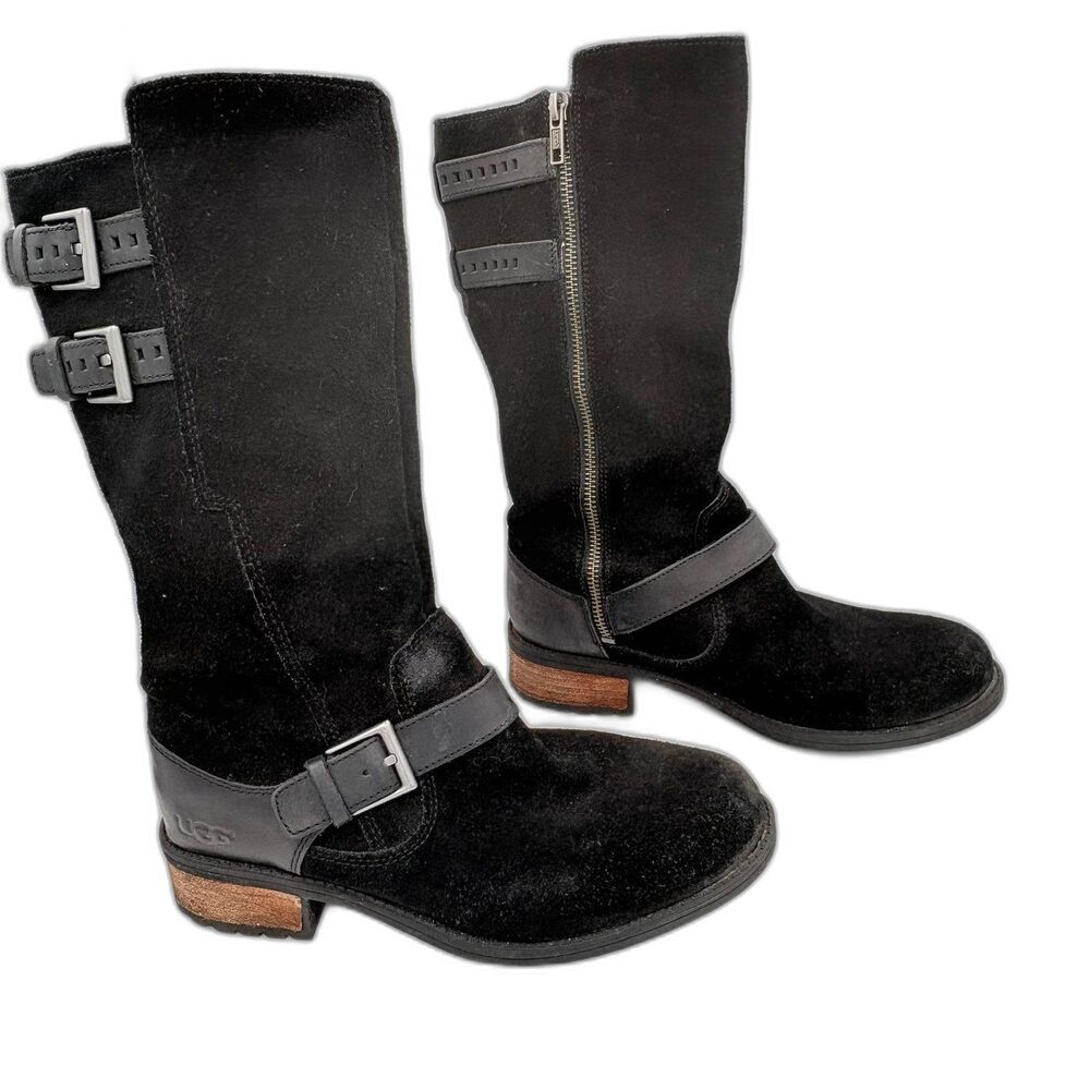 UGG Australia Everglayde Black Suede Leather Biker Boots Womens Size 8
